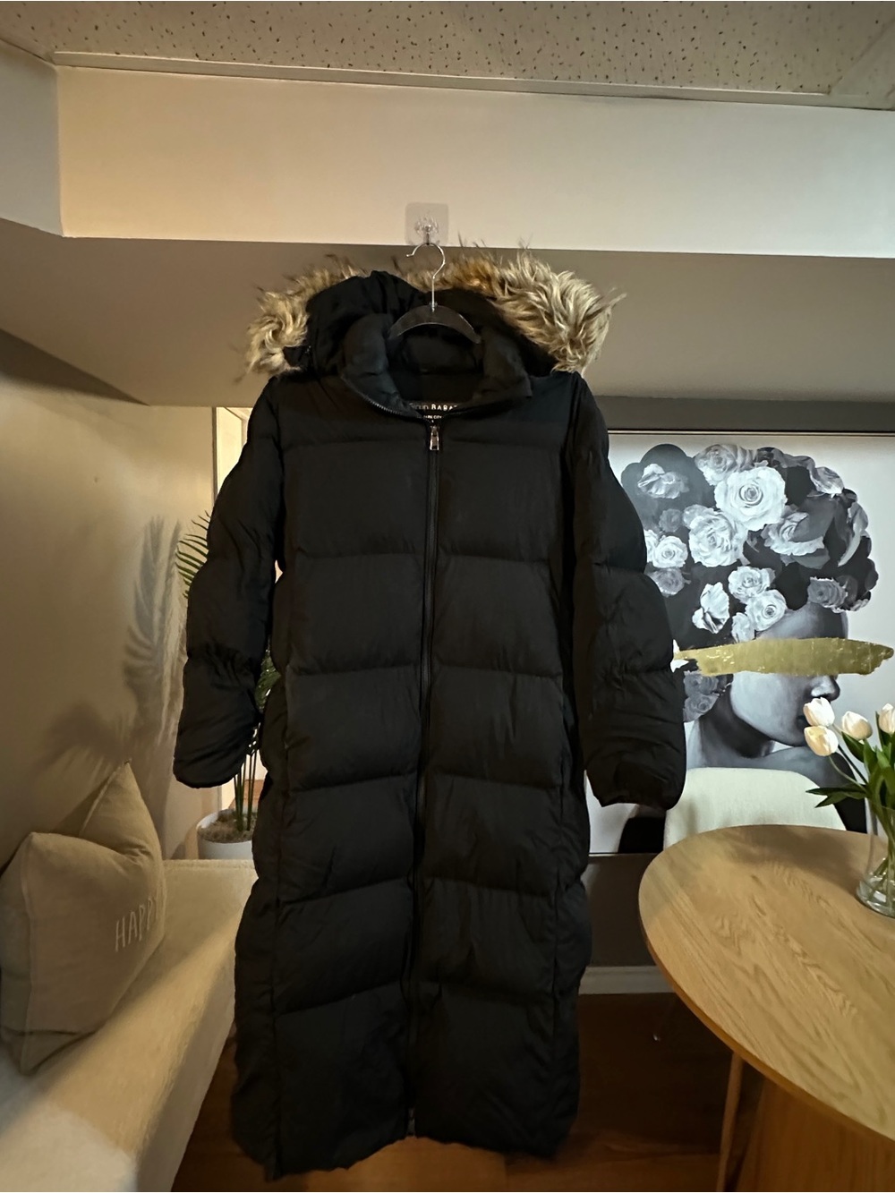 Babaton City Park Black Long Puffer Coat with Faux Fur-Trim Hood